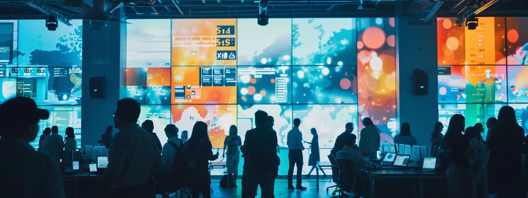 a dynamic office space filled with diverse professionals collaborating over large screens displaying complex global seo data and hreflang tag implementations, highlighting the intricacies of international seo in a modern corporate environment.