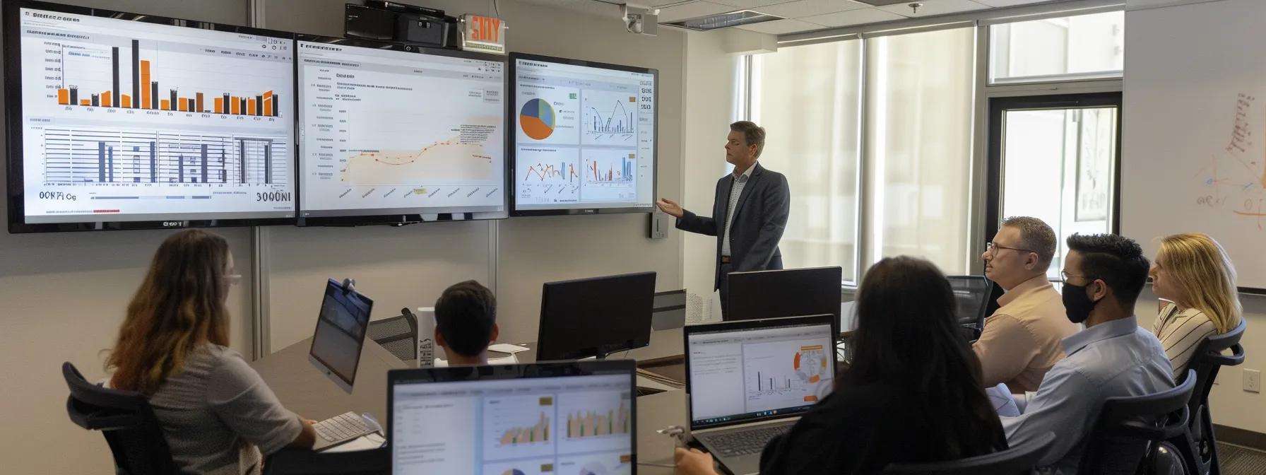 a focused marketing team analyzes real-time analytics data on multiple high-resolution monitors in a modern office, highlighting their engagement with performance metrics and the dynamic evolution of seo strategies.