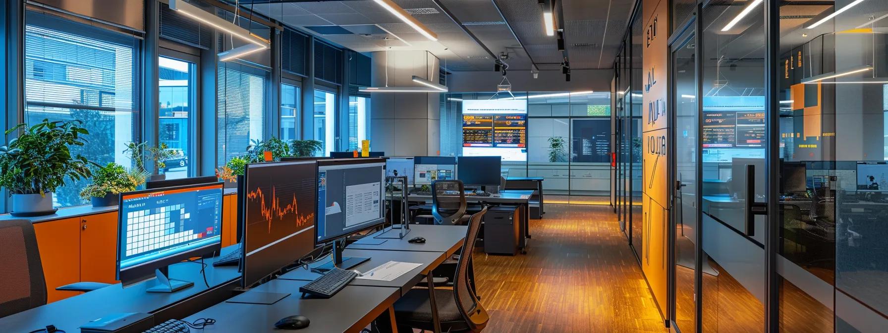 a modern office workspace features a sleek computer setup displaying complex seo analytics on the screen, symbolizing the integration of technical optimization strategies and user experience for e-commerce success.