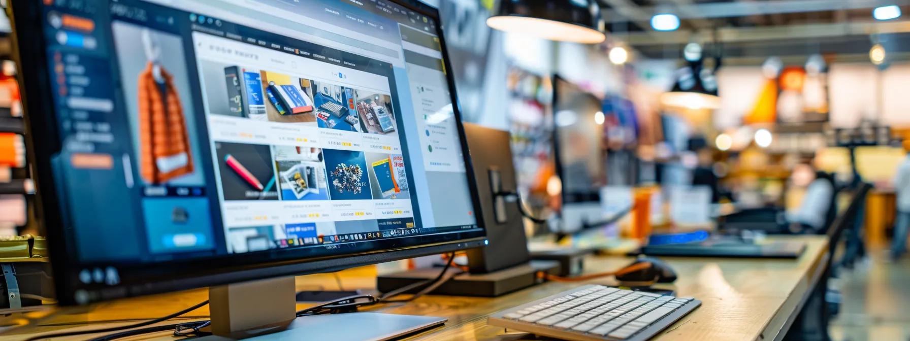 a sleek modern office workspace features an eye-catching computer monitor displaying a vibrant e-commerce product page, illuminated by focused overhead lighting that highlights enticing images and bold product titles, emphasizing the theme of optimizing online visibility for maximum engagement.