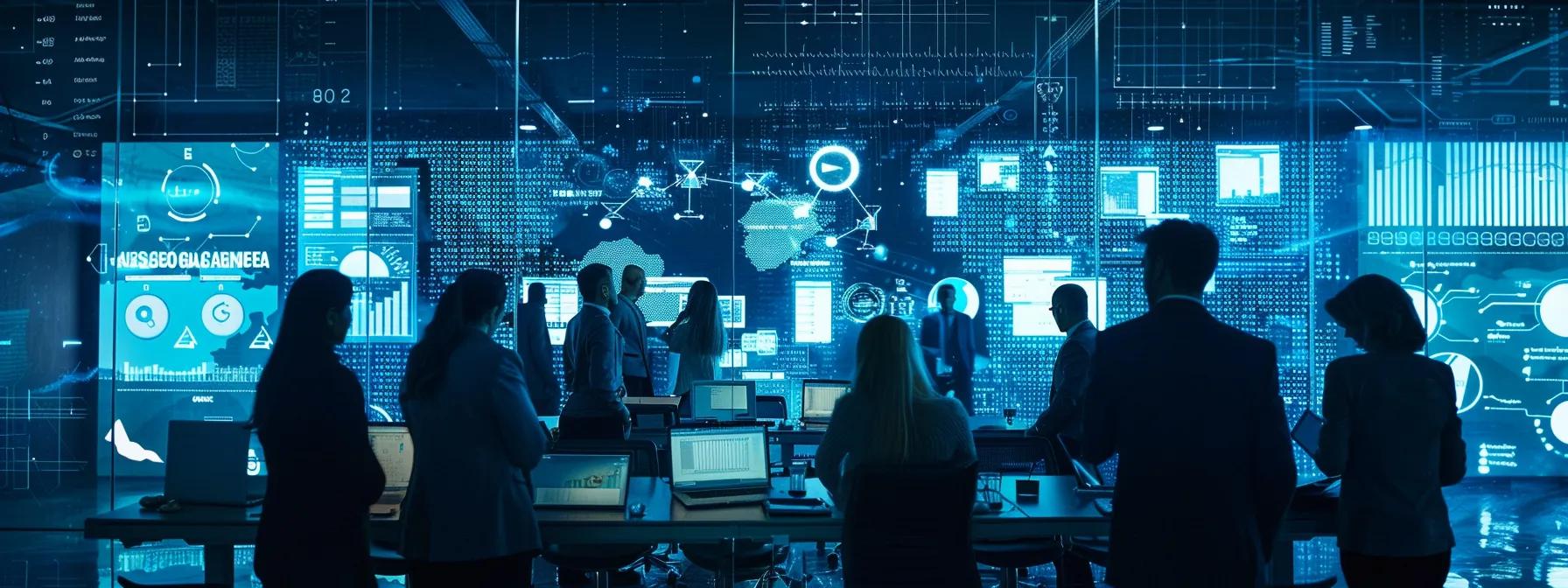 a dynamic urban office setting showcases a diverse group of professionals engaged in a collaborative strategy session, surrounded by digital displays of seo metrics and optimization tools, emphasizing the innovative techniques driving website performance.