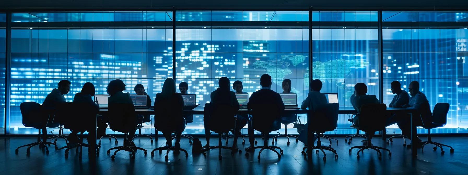 a modern office meeting room features a diverse group of professionals engaged in a dynamic discussion around a large table, with digital dashboards displaying seo performance metrics and strategies projected on the wall, emphasizing the importance of clear communication and reporting in achieving client objectives.
