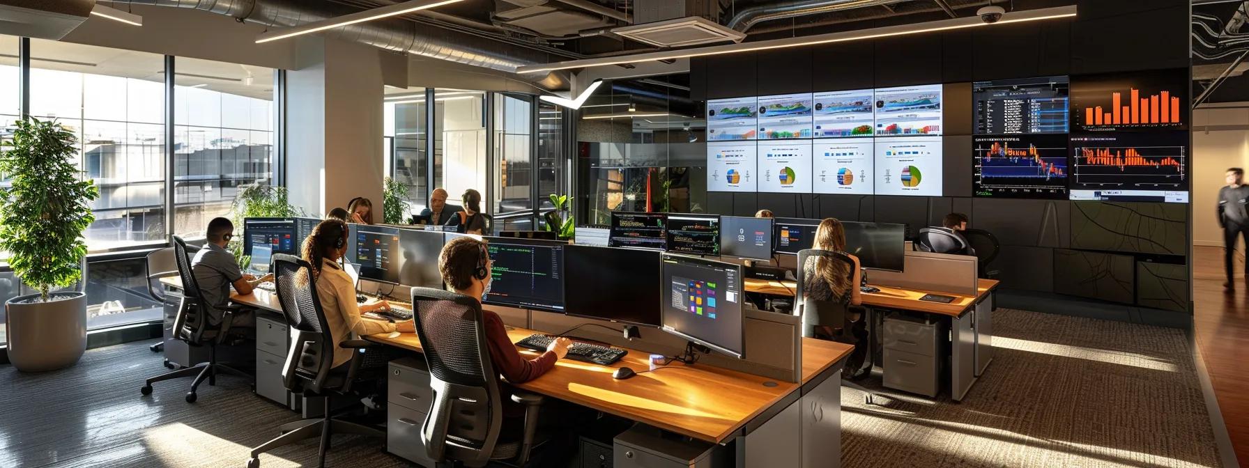 a modern office setting showcases a diverse team of seo professionals engaged with multiple screens displaying vibrant data analytics dashboards, highlighting key performance metrics and strategies for optimizing digital marketing efforts.