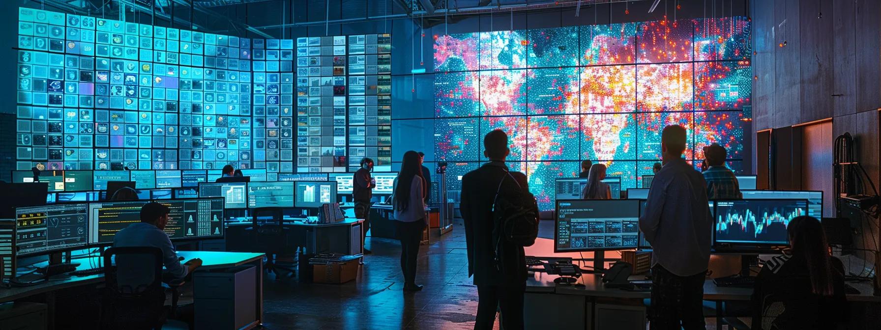 a modern office space is bustling with activity as a focused team collaborates over digital screens displaying vibrant analytics and keyword research tools, showcasing the essence of a strategic e-commerce seo campaign.