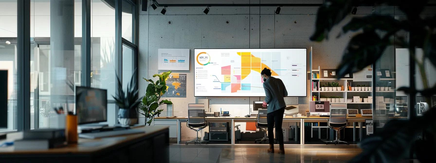 a sleek, modern office environment showcases a professional reviewing a digital site architecture diagram on a large screen, emphasizing the importance of intuitive navigation and structured design for enhancing user experience and seo.