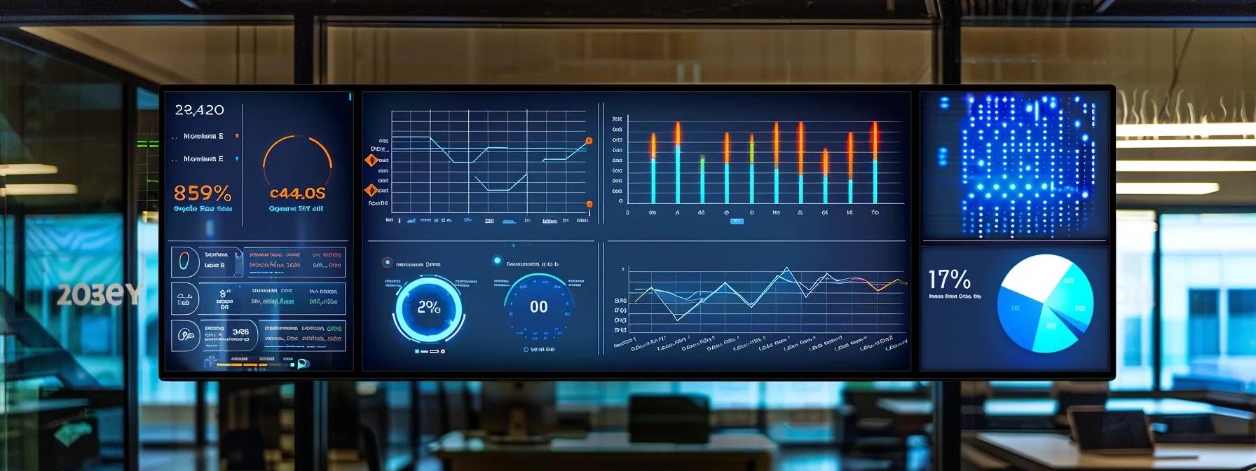 a sleek, modern office environment features a large digital display showcasing a dynamic seo analytics dashboard, illuminated by focused lighting that highlights charts and graphs representing improved website rankings and organic traffic growth.