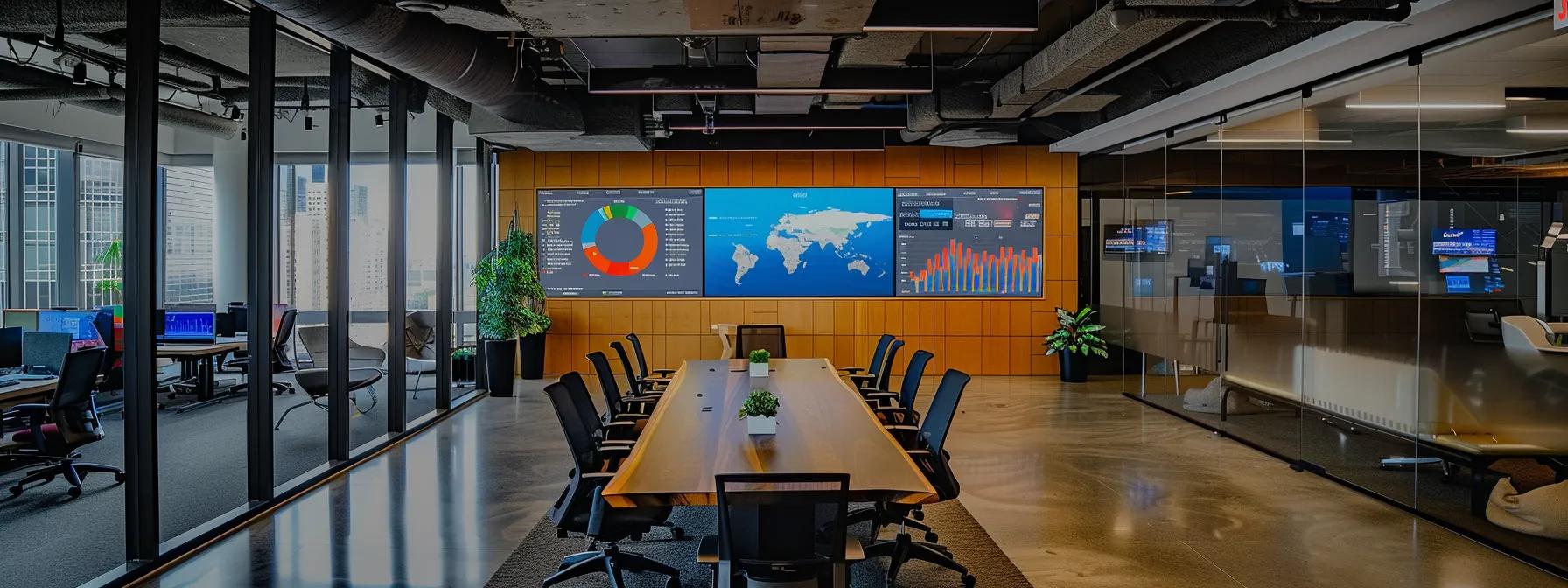a sleek, modern office space filled with multiple digital screens displaying vibrant analytics dashboards showcases a professional team engaged in a dynamic discussion about seo strategy in front of a large digital whiteboard.