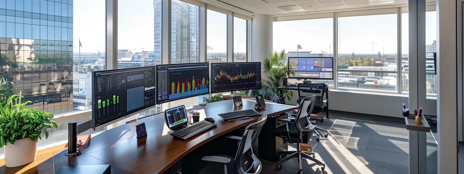 a sleek, modern office workspace filled with dual monitors displaying complex data analytics and seo metrics, highlighting the critical importance of technical website optimization strategies in a vibrant and engaging digital environment.