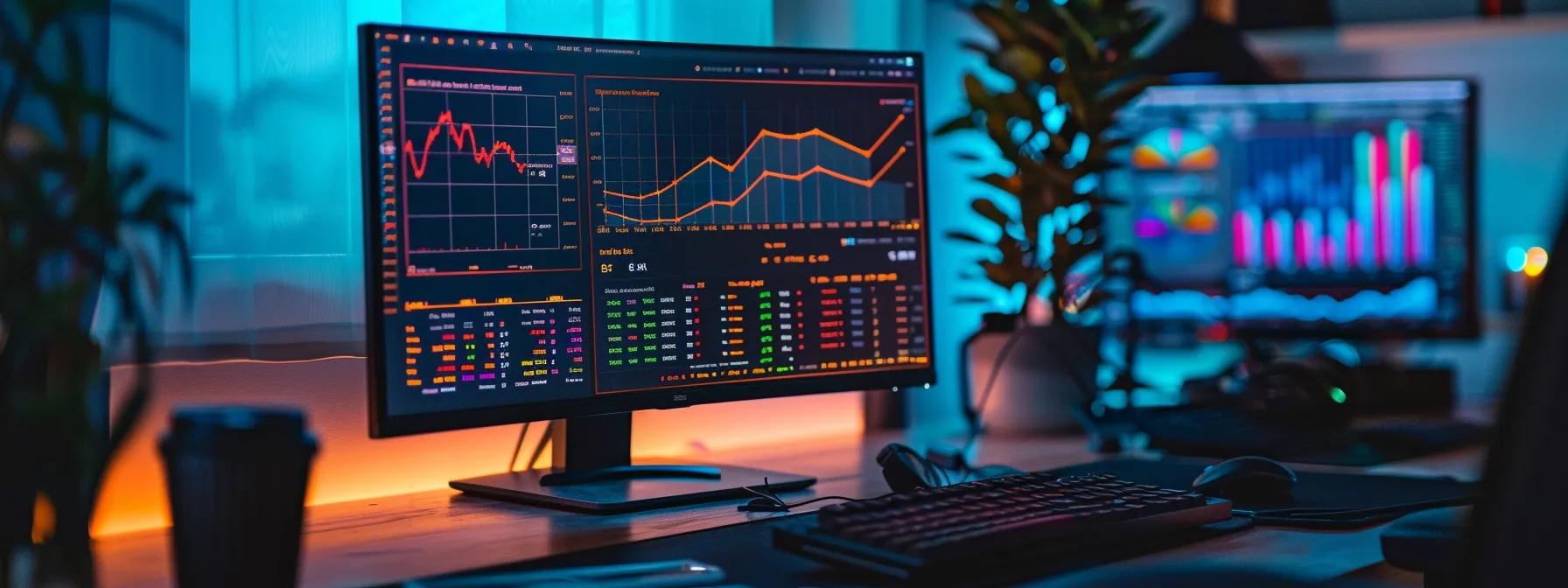 a sleek, modern office workspace showcases a large computer screen displaying an analytical dashboard of on-page seo metrics, with vibrant graphs and highlighted keywords, emphasizing the importance of effective title tags and structured content.