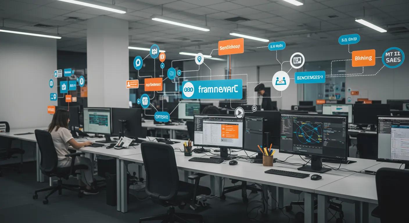 a dynamic office workspace filled with large screens displaying colorful, interconnected web framework diagrams, illustrating the diversity and complexity of web development technologies.