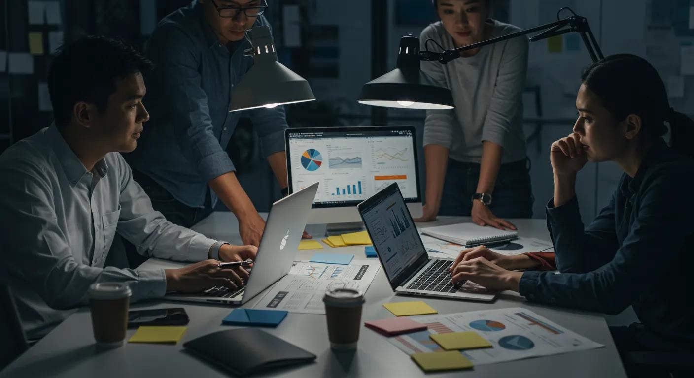 in a sleek modern office, a diverse team collaborates around a large table, analyzing comparison charts and frameworks displayed on laptops, illuminated by dramatic overhead lighting that emphasizes their focused discussion on project strategy.