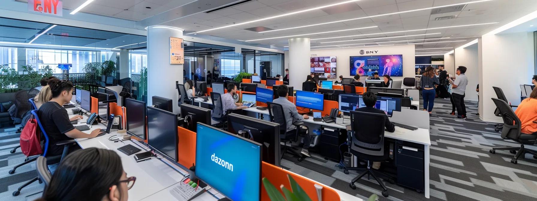 a bustling office environment showcases employees engaged in lively discussions and monitoring ai-powered chatbots on computer screens, with a bustling office environment showcases employees engaged in lively discussions and monitoring ai-powered chatbots on computer screens, with