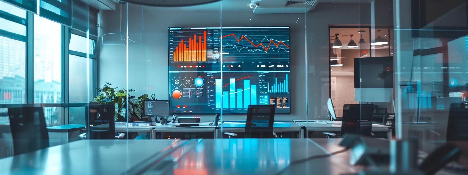 a modern, sleek seo agency office featuring a large digital screen displaying vibrant keyword analysis charts and graphs, embodying the focus on expert keyword research and the dazonn technologies branding.