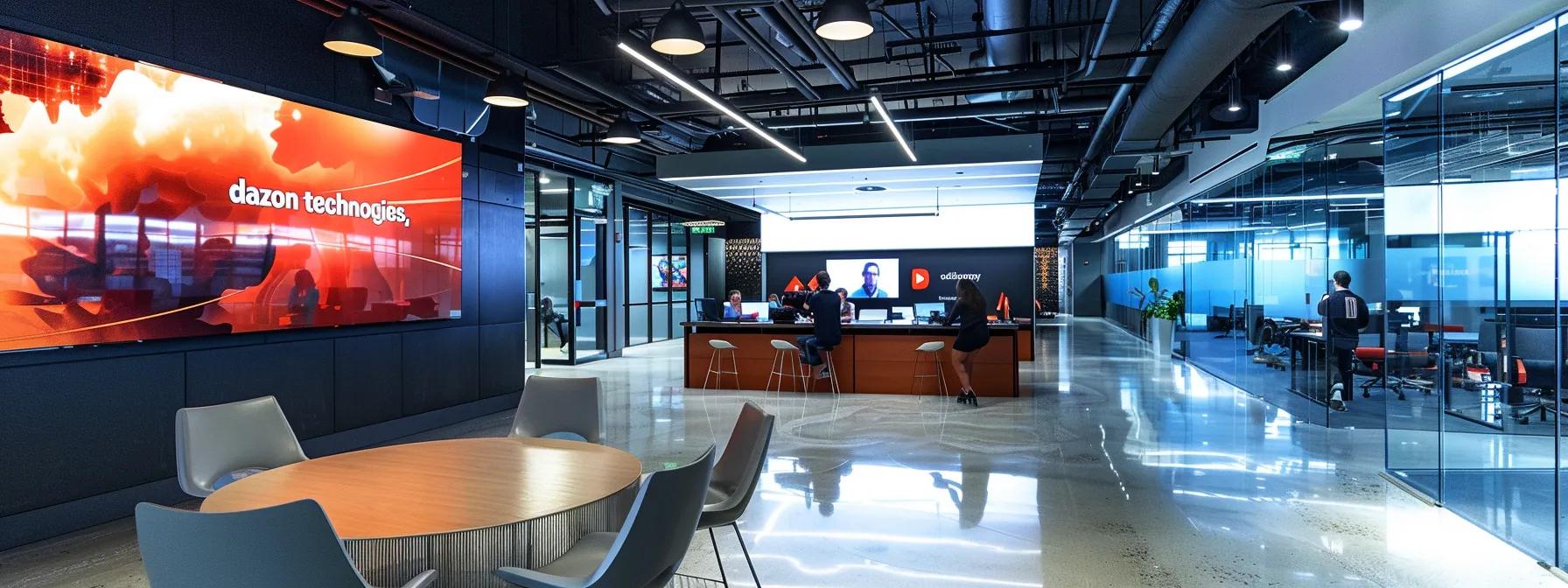 a sleek, modern office space features large, bold wall graphics of a sleek, modern office space features large, bold wall graphics of