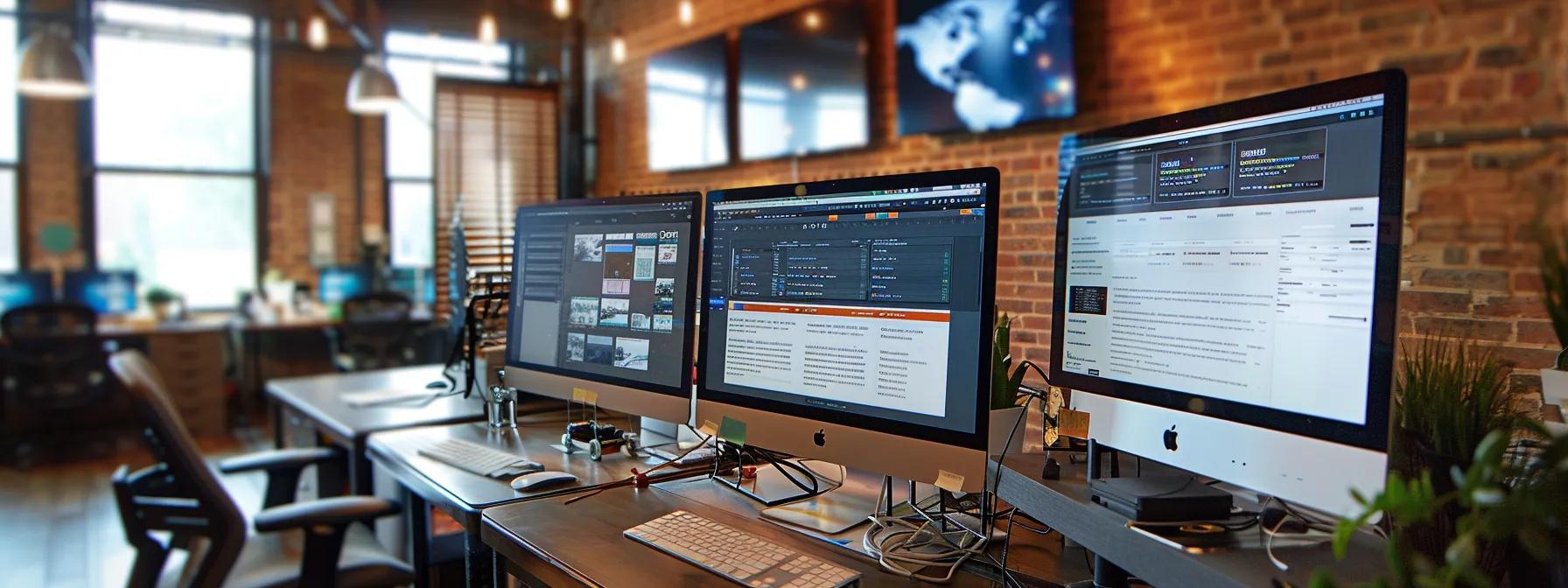 a sleek, modern office workspace features multiple computer screens displaying a visually engaging website interface, emphasizing intuitive navigation and appealing design elements, inviting users to explore despite minor loading delays.