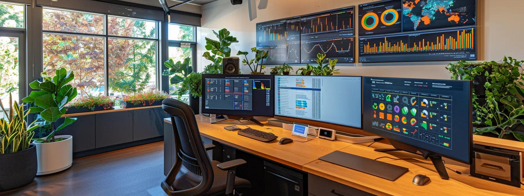 a sleek, modern seo agency office at dazonn technologies showcases a dynamic workspace with multiple monitors displaying vibrant keyword analytics, charts, and digital strategy boards, emphasizing a structured approach to keyword research.