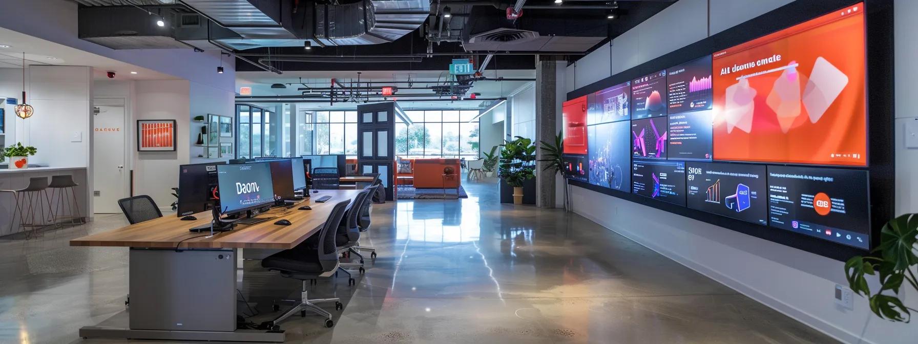 a sleek seo agency office features a modern workspace with vibrant digital displays showcasing advanced keyword research metrics and ai analytics, emphasizing competitive strategies against a backdrop of the dazonn technologies logo.
