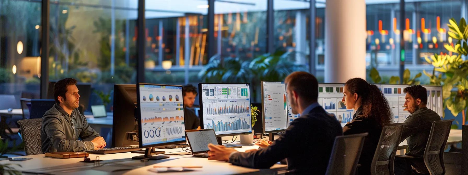 an illuminated, modern office space bustling with focused professionals analyzing data dashboards on sleek monitors, highlighting key performance indicators for an seo strategy, with a prominent sign of dazonn technologies in the background.