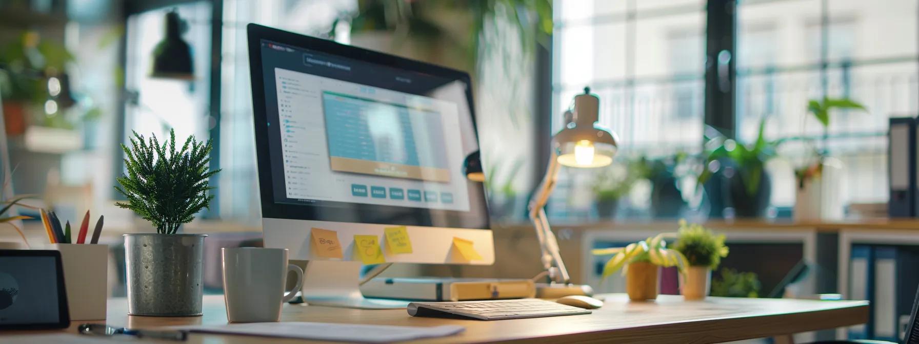 a close-up view of a modern office workspace featuring a sleek computer screen displaying a website with loading issues, surrounded by notes and a coffee cup, emphasizing the theme of digital optimization challenges.