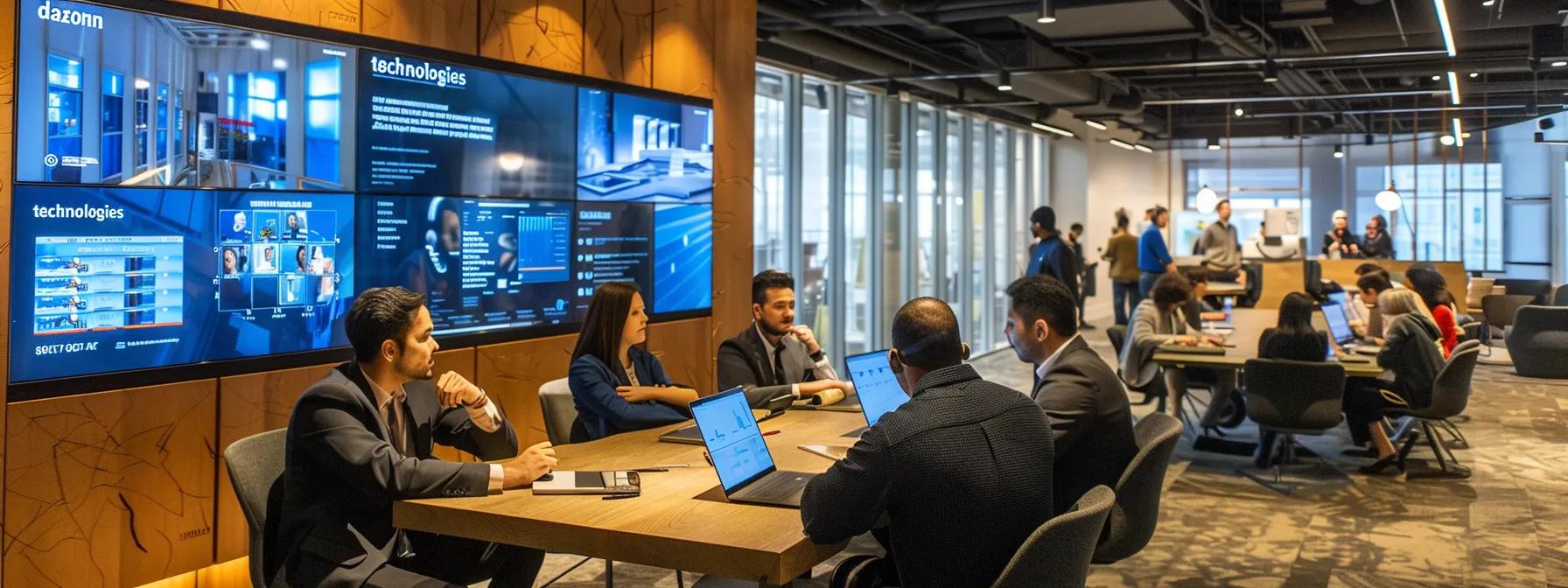 a dynamic office scene showcases a team of professionals engaged in a strategy meeting, surrounded by sleek digital displays and the name a dynamic office scene showcases a team of professionals engaged in a strategy meeting, surrounded by sleek digital displays and the name