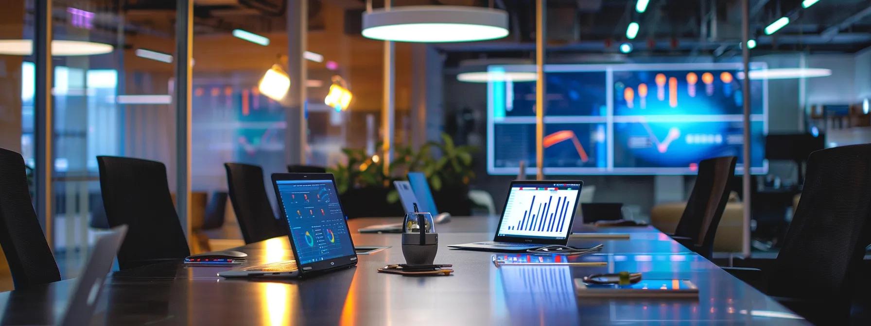 a focused office setting at dazonn technologies features a sleek conference table with high-tech laptops open, displaying vibrant graphics of seo analytics, illuminated by dynamic overhead lighting, emphasizing the meticulous preparation for a pre-launch seo audit.