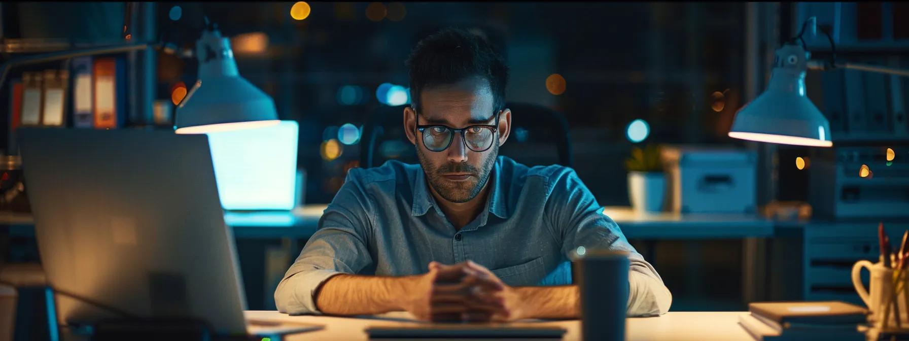a frustrated user stares at a dimly lit computer screen in a sleek, modern office, displaying a loading icon that signifies a painfully slow website, surrounded by cluttered work materials that emphasize a chaotic digital experience.