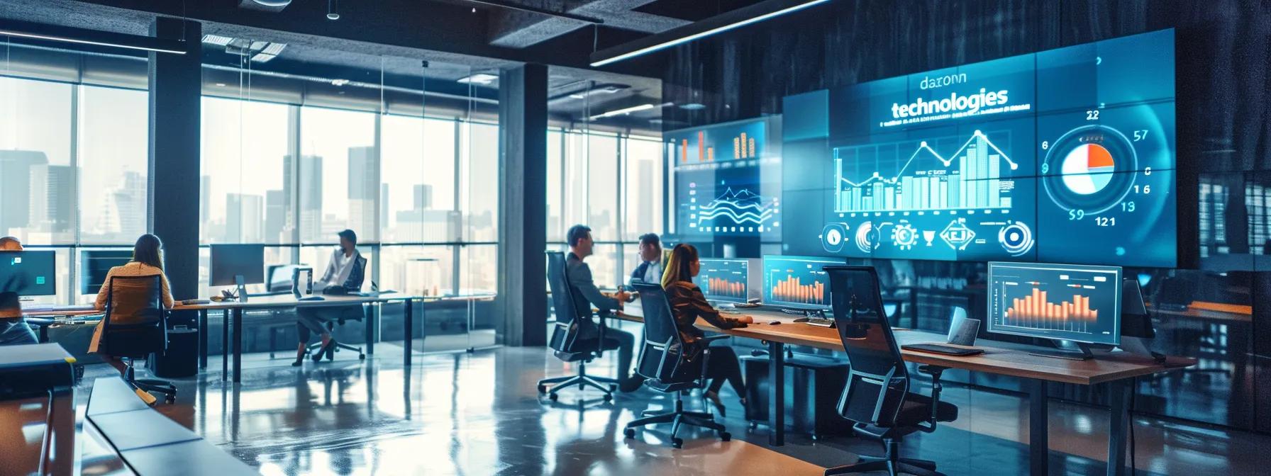 a modern it office bathed in ambient light, featuring sleek desks and bustling professionals collaborating around a large screen displaying vibrant graphs and seo analytics, with "dazonn technologies" artistically integrated into the stylish wall design.