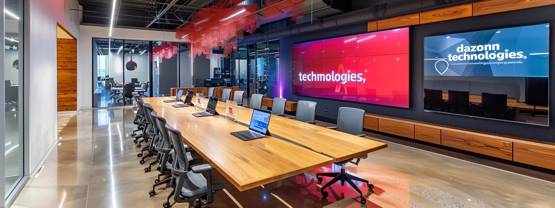 a modern it office workspace features a sleek wooden conference table surrounded by high-tech laptops and digital analytics on display, with the walls emblazoned with