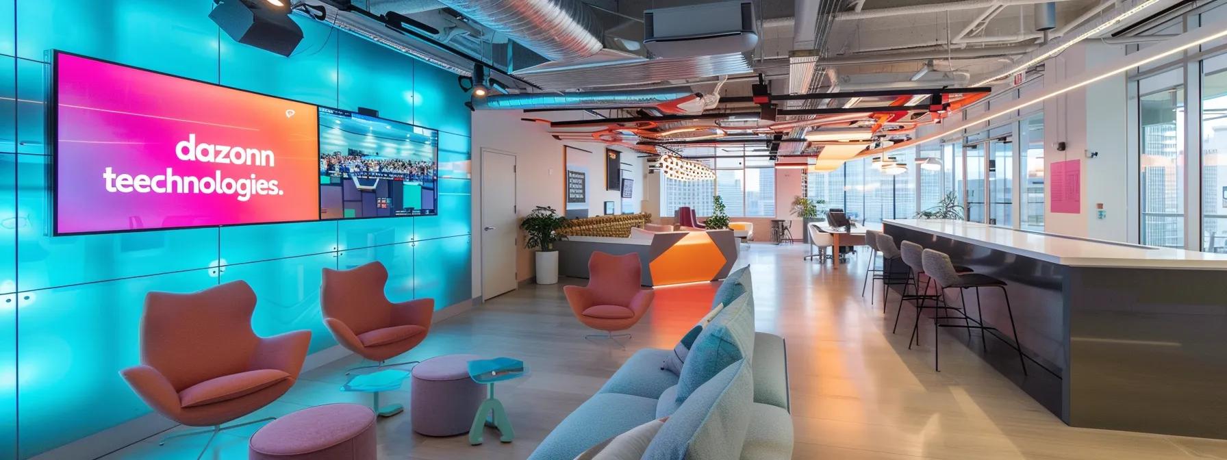 a modern office interior showcases a sleek workspace with vibrant wall graphics of