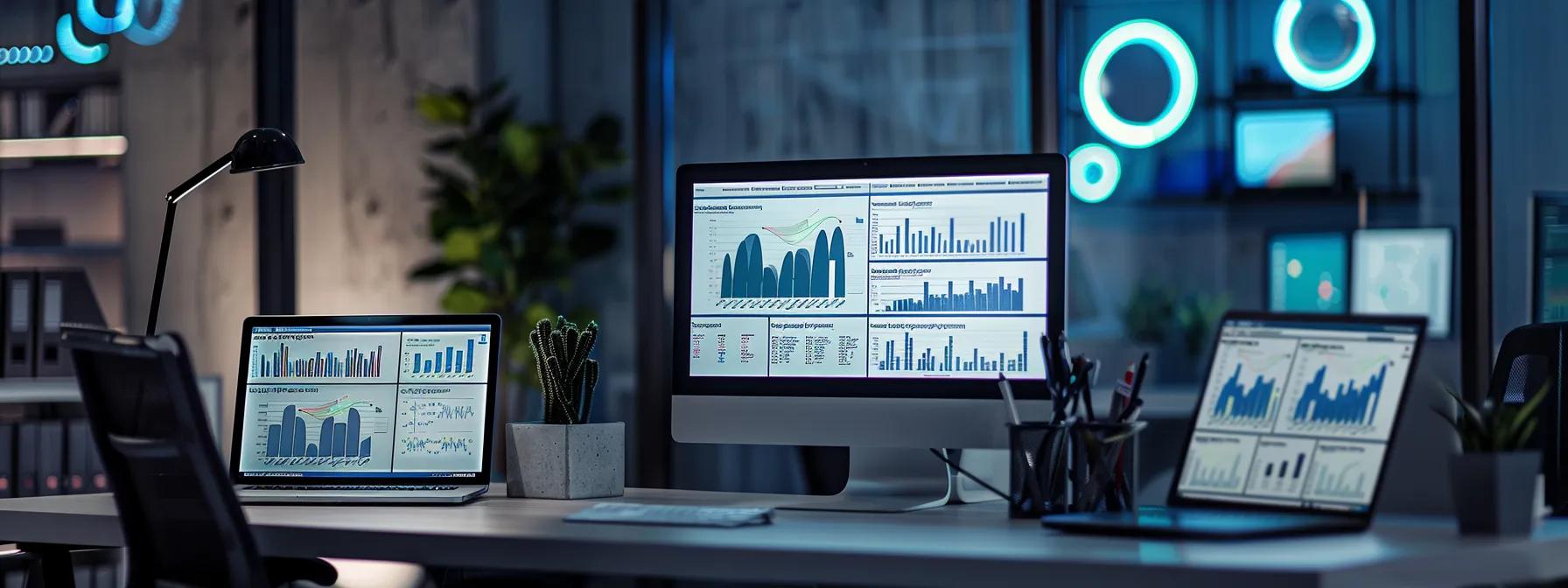 a modern office workspace is filled with sleek computers displaying detailed analytics dashboards and performance metrics, highlighting various slow website loading issues against a backdrop of minimalistic design and soft, ambient lighting.
