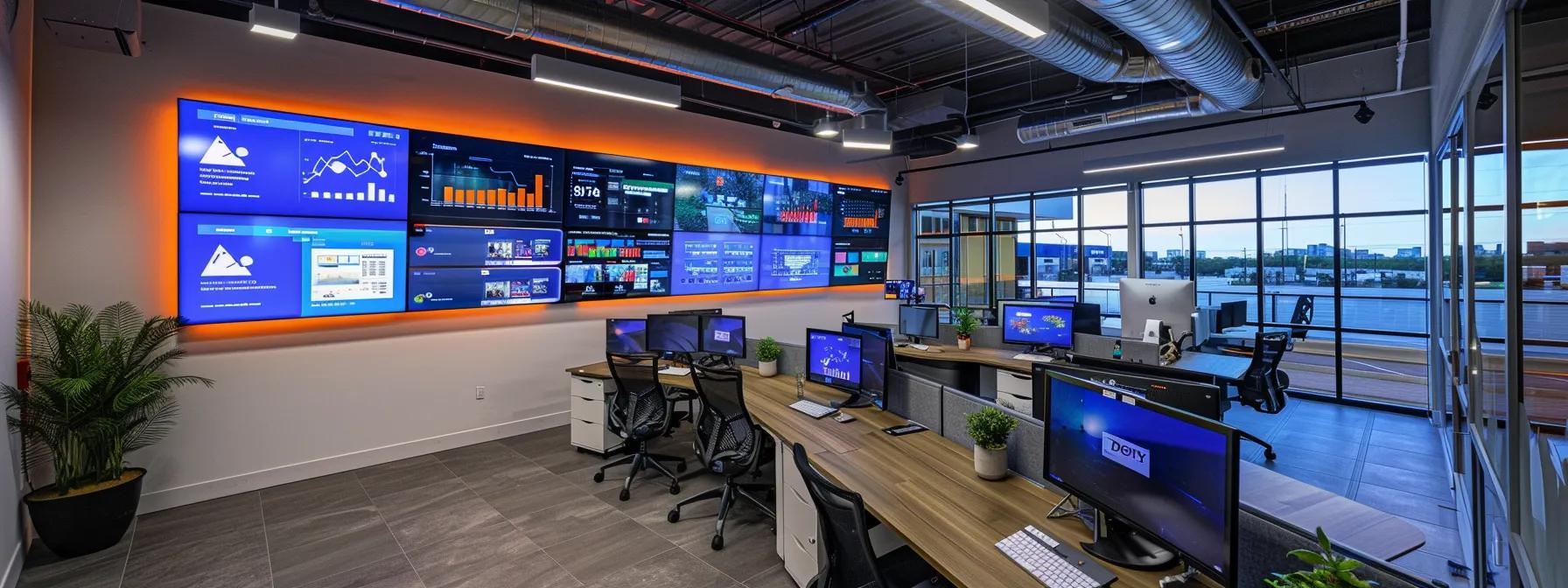 a sleek, modern office space at dazonn technologies, featuring multiple screens displaying dynamic seo analytics dashboards, illuminated by bright overhead lighting that emphasizes a vibrant and productive atmosphere.