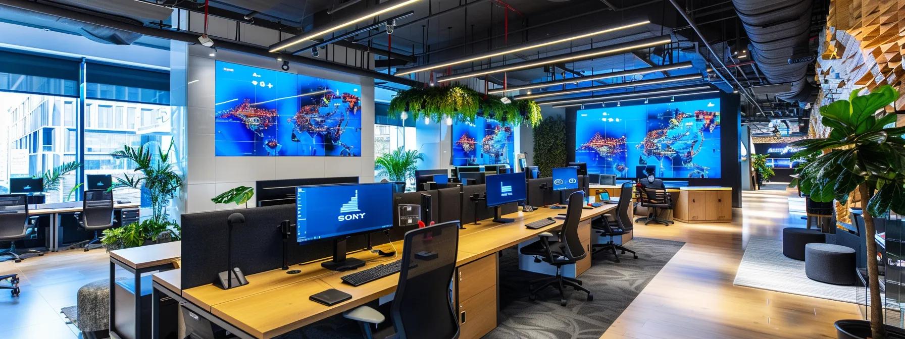a sleek, modern office space featuring bold dazonn technologies branding on the walls, with a team collaboratively analyzing digital performance data on multiple screens, symbolizing the strategic steps for post-launch seo success.