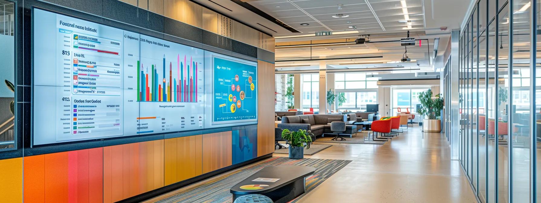 a sleek, modern office space features a large digital display showcasing a colorful infographic on evaluating frameworks through quantifiable metrics, highlighting performance and scalability in a collaborative atmosphere.