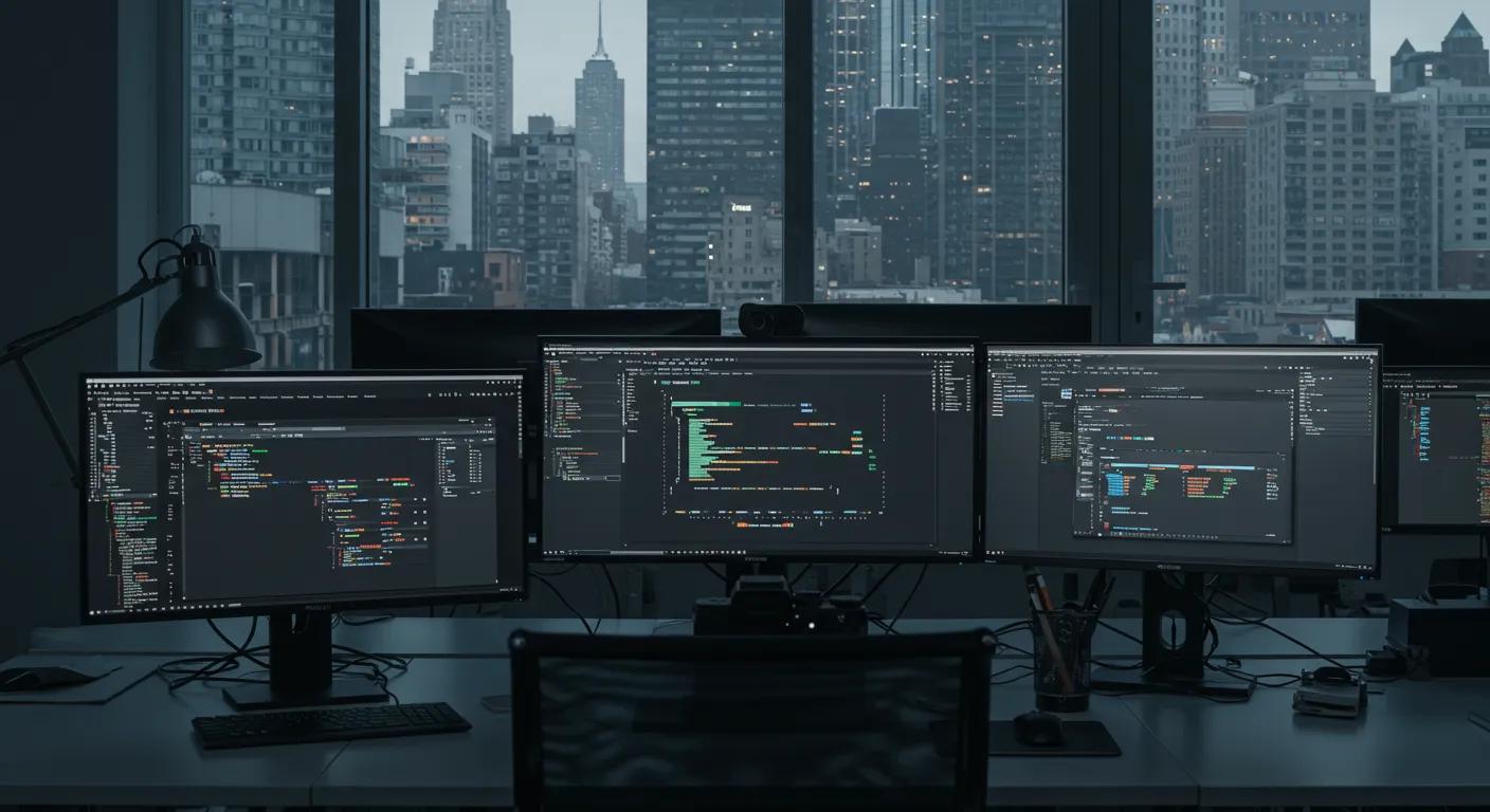 a sleek, modern office workspace showcases multiple computer screens displaying diverse web development frameworks, highlighting the variety of tools available for different project types in a dynamic urban environment.