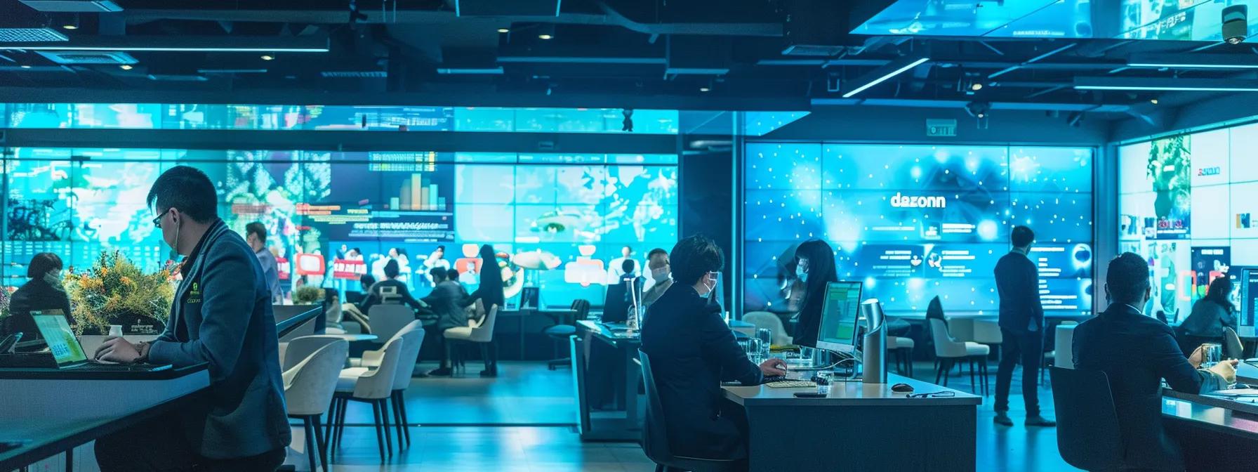 a dynamic office environment bustling with focused employees engaged in digital marketing strategies, showcasing interactive screens filled with ai analytics and the word a dynamic office environment bustling with focused employees engaged in digital marketing strategies, showcasing interactive screens filled with ai analytics and the word