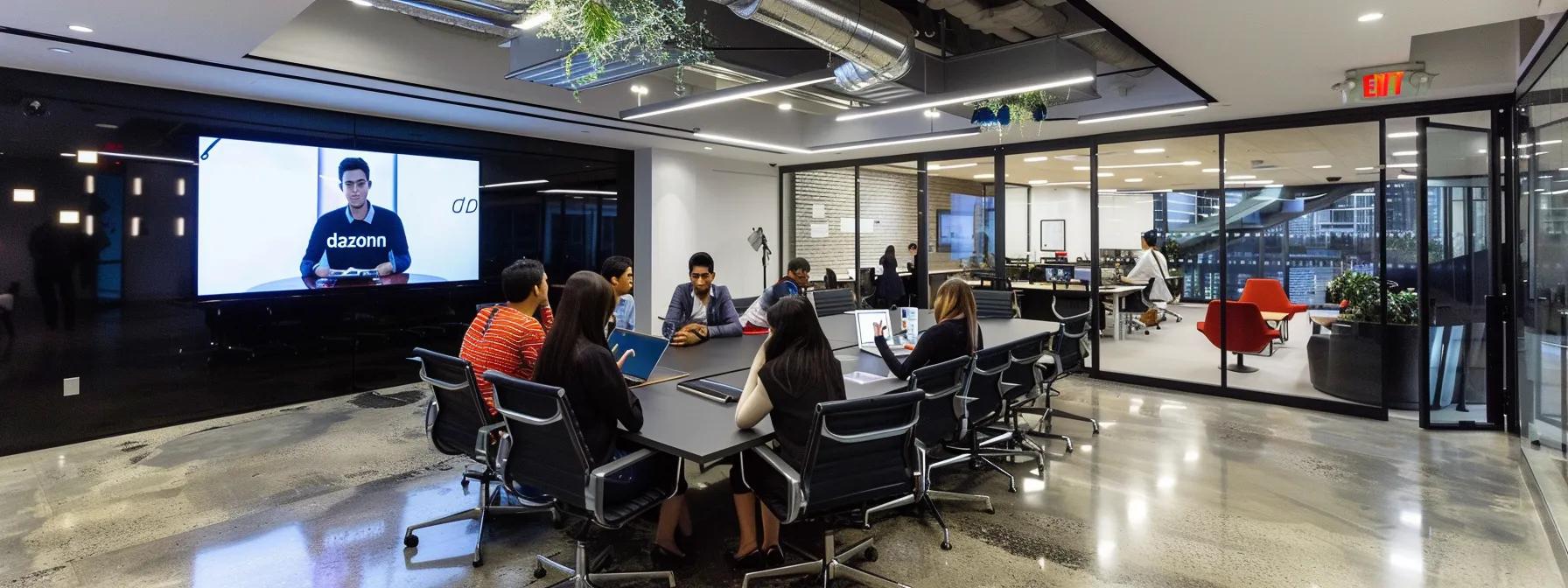 a modern office space featuring a sleek conference table surrounded by professionals engaged in a brainstorming session, with the word "dazonn" prominently displayed on the walls, emphasizing the strategic importance of seo in a dynamic marketing budget discussion.