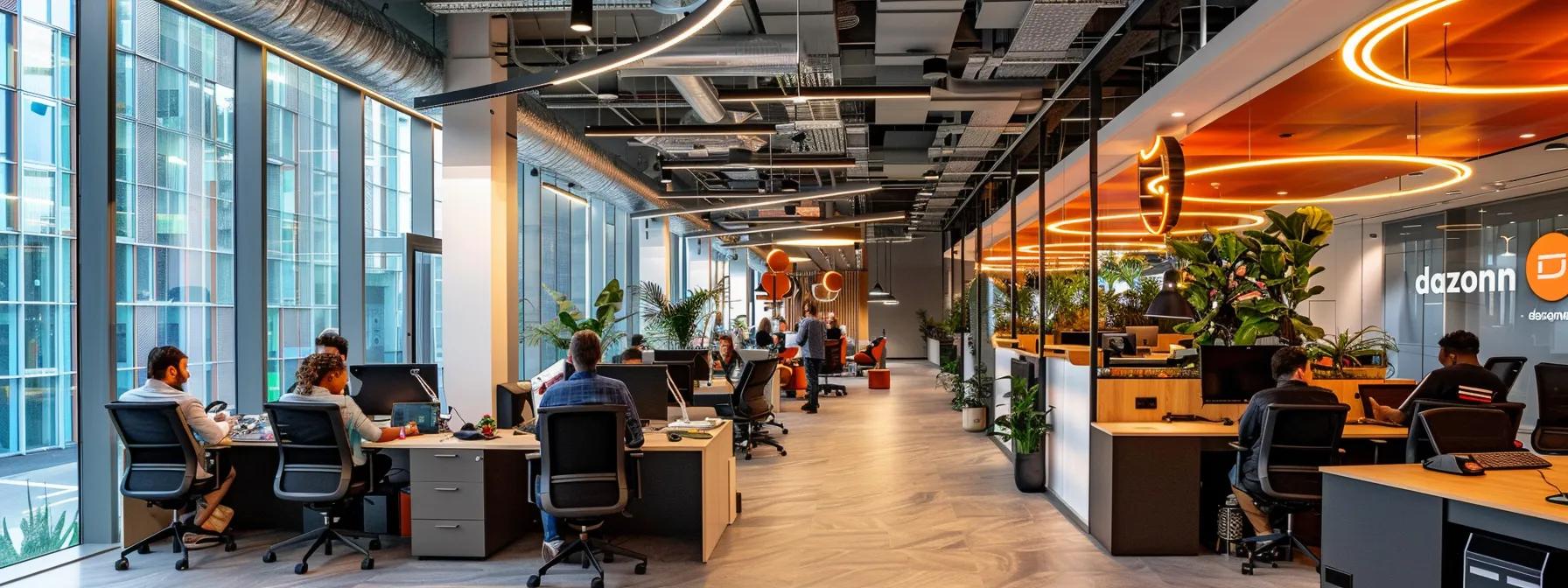 a sleek, modern office bustling with focused employees interacting with advanced ai-driven social media management tools, illuminated by sharp overhead lighting and featuring the word a sleek, modern office bustling with focused employees interacting with advanced ai-driven social media management tools, illuminated by sharp overhead lighting and featuring the word