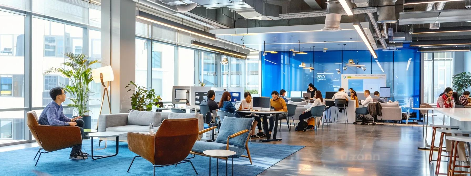 a vibrant modern office bustling with engaged employees collaborating on website maintenance strategies, with the word a vibrant modern office bustling with engaged employees collaborating on website maintenance strategies, with the word