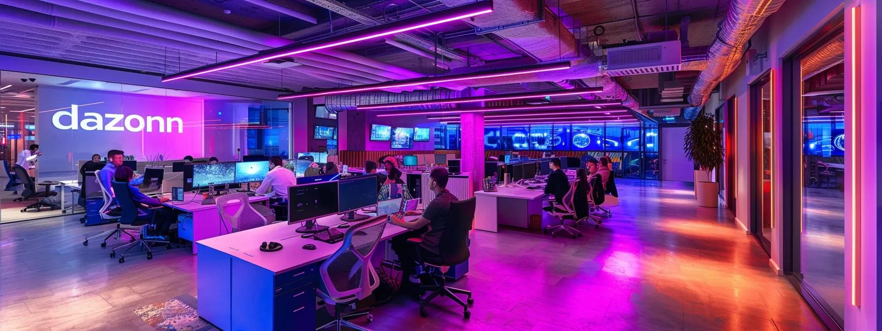 a vibrant office filled with engaged employees collaborating around futuristic digital screens, showcasing dynamic social media metrics and strategies, with the word "dazonn" boldly displayed on the walls to highlight the innovative impact of ai on marketing.