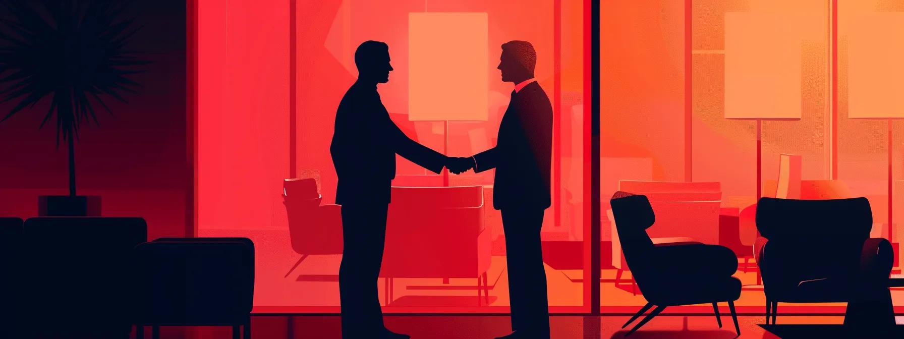 two business men shaking hands in meeting room