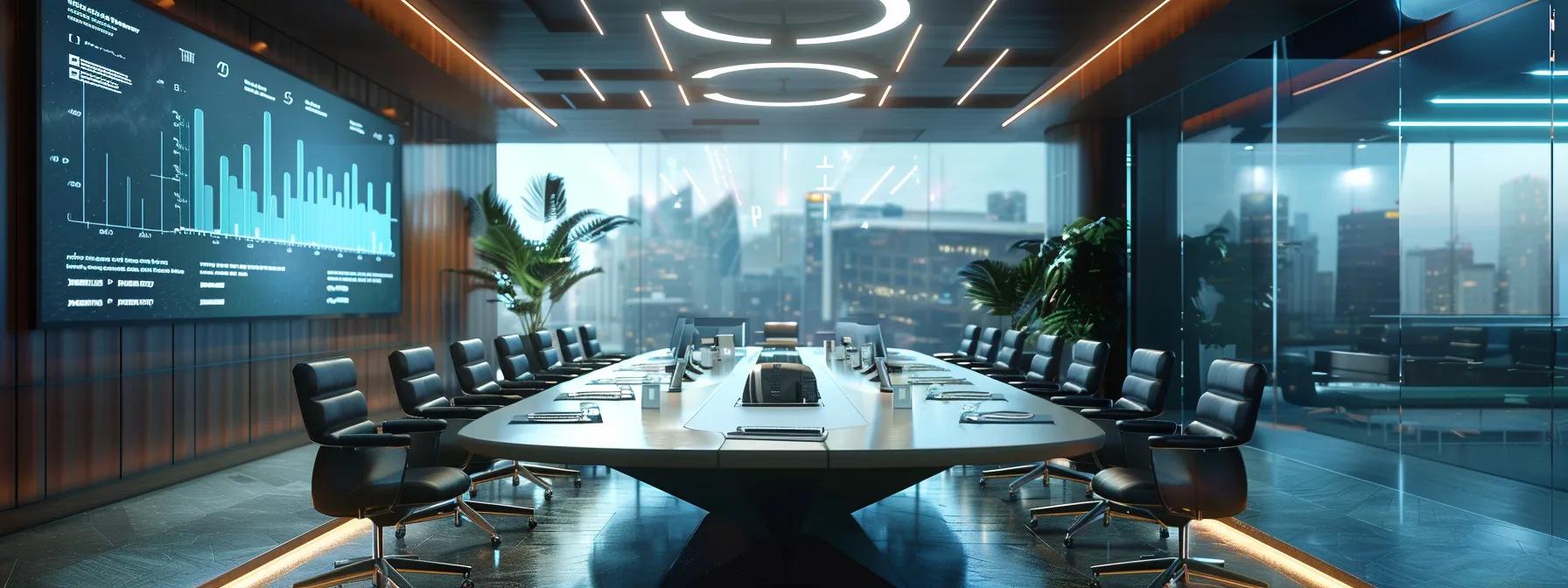 a modern office space features a sleek conference table surrounded by digital screens displaying dynamic graphs and data, illustrating the effectiveness of innovative link-building strategies projected for 2025.