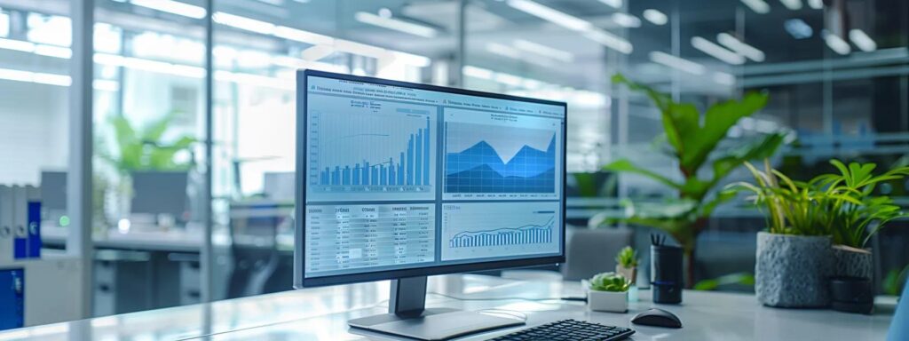 a modern office space showcases a sleek computer screen displaying advanced seo analytics, with graphs and metrics illustrating the recovery of link equity, illuminated by soft, focused lighting to emphasize the importance of digital marketing performance.