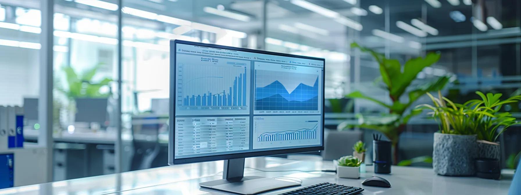 a modern office space showcases a sleek computer screen displaying advanced seo analytics, with graphs and metrics illustrating the recovery of link equity, illuminated by soft, focused lighting to emphasize the importance of digital marketing performance.