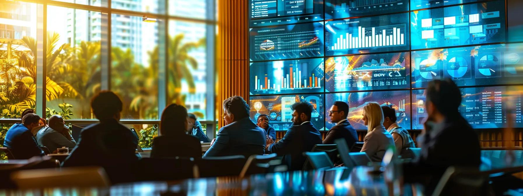 a sleek, modern conference room filled with diverse professionals engaged in a detailed discussion around a vibrant digital presentation showcasing various marketing budgets and pricing models. a sleek, modern conference room filled with diverse professionals engaged in a detailed discussion around a vibrant digital presentation showcasing various marketing budgets and pricing models.