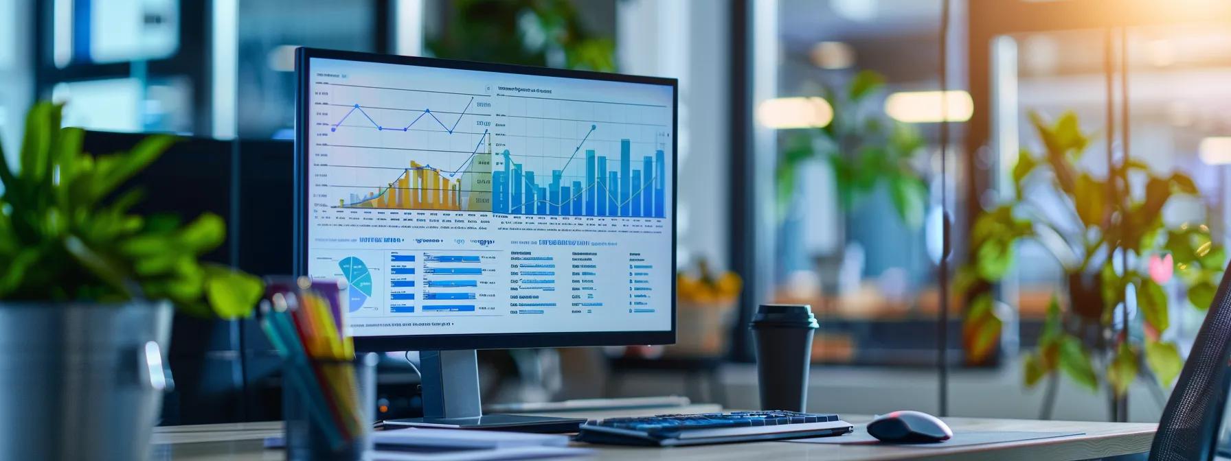 a sleek, modern office environment features a computer screen displaying an analytic dashboard, symbolizing the impact of technical seo on link-building success, with vibrant colors highlighting performance metrics and engaging visual graphics.