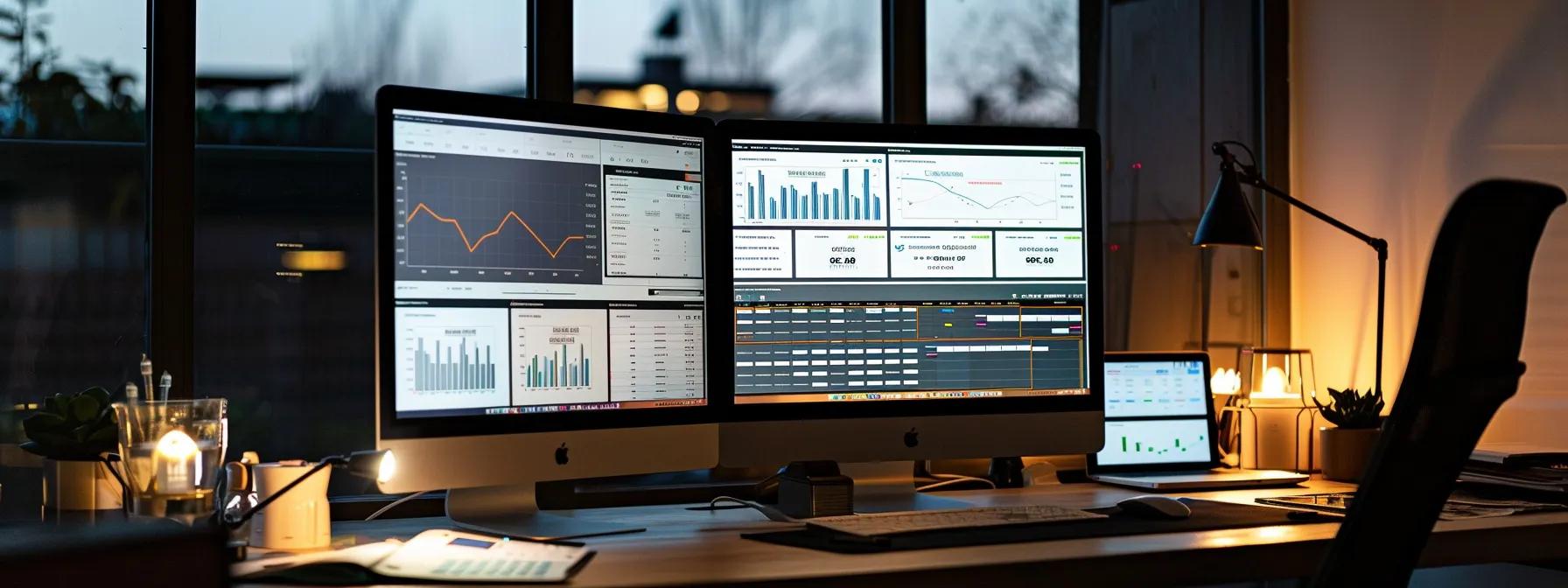 a sleek, modern office workspace with dual computer screens displaying analytics and charts, alongside open browser windows showcasing broken links and competitor profiles, illuminated by soft ambient lighting to reflect the innovative strategies of advanced link building in 2025.