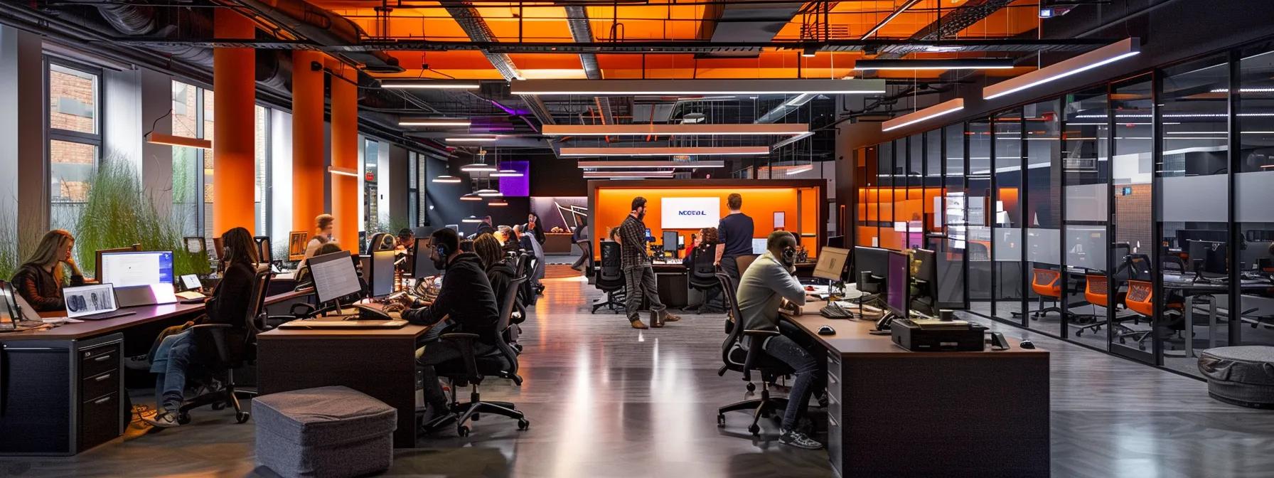 an energetic marketing agency office bustling with creativity, showcasing vibrant team collaboration around sleek desks and modern technology, illuminated by dynamic overhead lighting and adorned with bold branding.