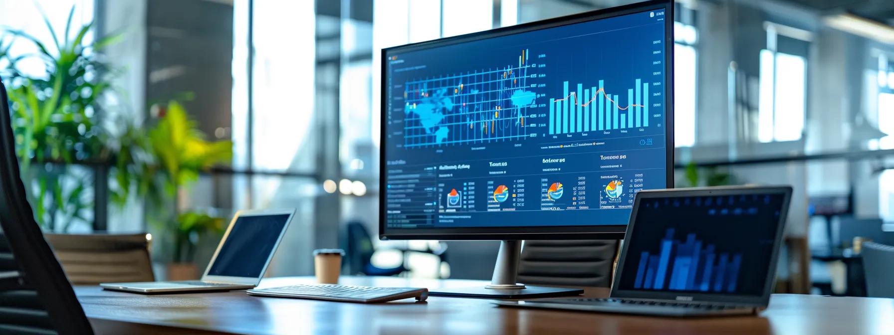 a dynamic, modern office workspace showcases a large digital screen displaying graphs and analytics of local seo strategies, surrounded by sleek laptops and notebooks that emphasize a vibrant ecommerce environment.