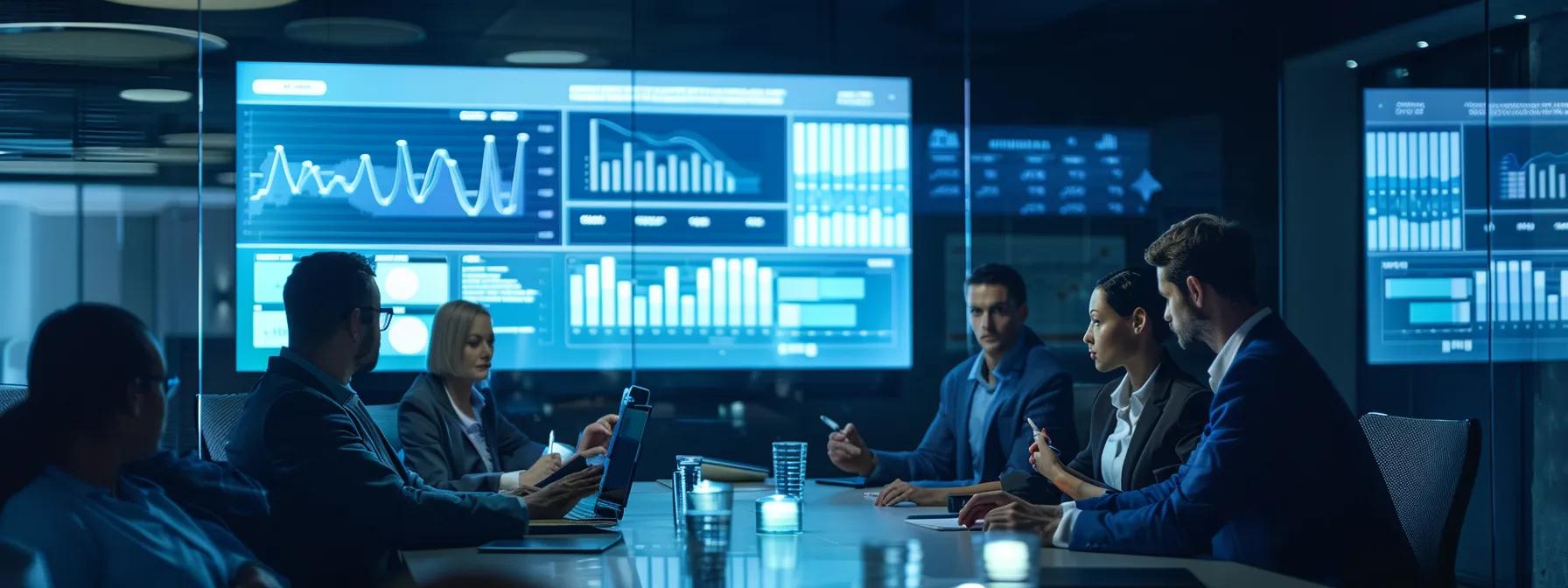 a dynamic office environment features a diverse team of professionals discussing digital marketing strategies around a sleek conference table, with charts and graphs displayed on a large screen, illustrating the impact of local seo services.