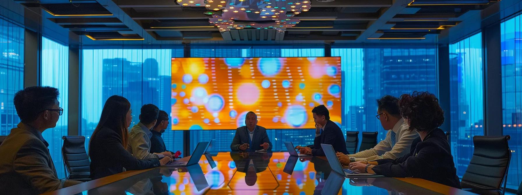 a dynamic office environment showcases a diverse group of professionals engaged in an animated discussion around a sleek conference table, with vibrant visualizations of twitter analytics projected on a large screen, symbolizing innovative strategies for audience growth.